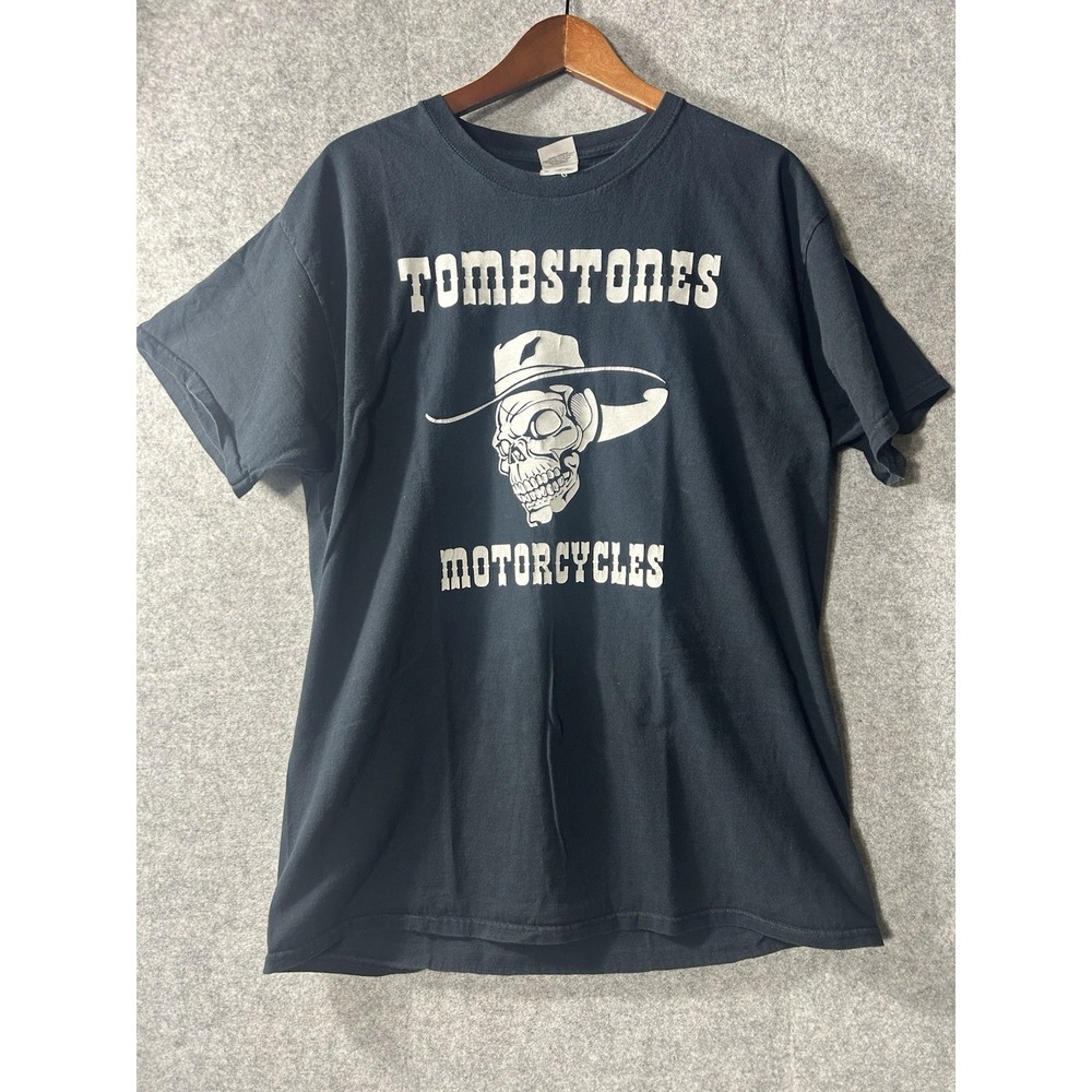 VTG Tombstones Motorcycles Skull Cowboy Biker T-Shirt Black Double Sided Y2K 90s